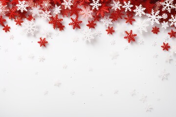 Christmas decorations on white background   top view winter mockup for red and white text placement
