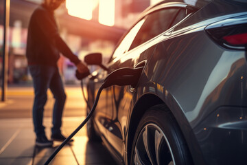 A person charging an electric car at a charging station, illustrating the shift toward electric...