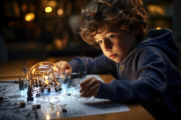 A child experimenting with a simple electrical circuit, representing the importance of education in...