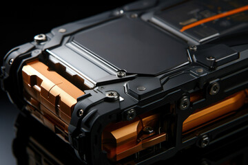 A close-up of a battery pack, symbolizing portable energy storage solutions. Generative Ai.