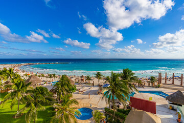 Cancun Hotel Zone Amazing Caribbean Beach, the beautiful sea in Mexico during a sunny day