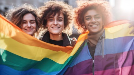 close up Group of young activist for lgbt rights with rainbow flag, lesbian, rainbow, freedom, diversity, bisexual, gay, celebration, community