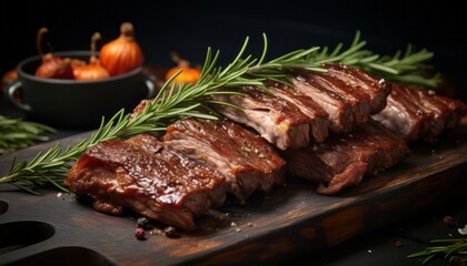 Succulent roasted barbecue pork ribs with juicy and tender meat, perfect for a flavorful meal