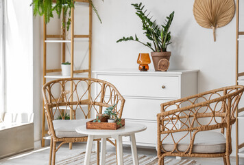 Interior of living room with armchairs, table and houseplants
