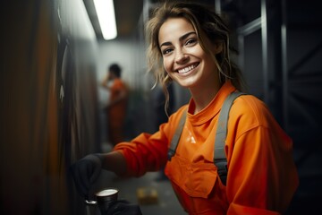 A female painter portrait in uniform paints the wall in color in an apartment