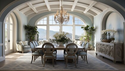 Fototapeta premium Mediterranean-inspired dining room with arched ceiling and coastal decor accents.