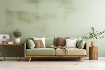 Light green sofa with brown and beige cushions against the wall