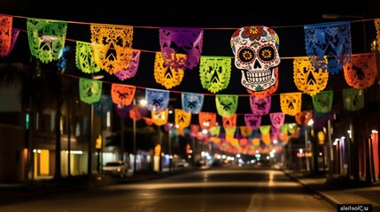 Obraz premium Nighttime Display of Sugar Skulls and Papel Picado for Day of the Dead. Generative ai