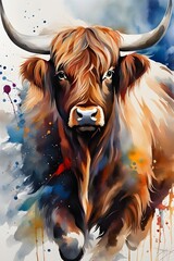 Highland Cattle Watercolor Painting made with AI