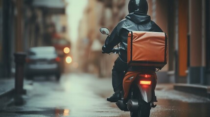 Food Delivery Man on Scooter with Thermal Backpack in Speedy Service. Generative ai