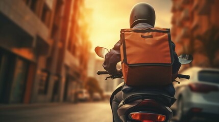 Food Delivery Man on Scooter with Thermal Backpack in Speedy Service. Generative ai