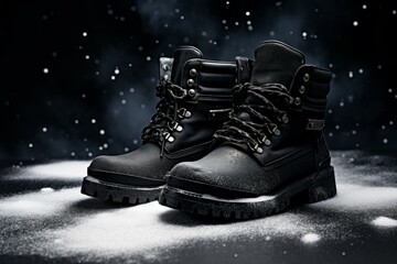 Pair of black leather boots, dress boots for men. Black brogue boots on a black background. - Powered by Adobe