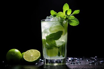 Fototapeta premium Close-up photography of a refreshing Mojito, skillfully highlighting the delicate veins of the vibrant mint leaves and the glistening, translucent lime slices, making it a visual delight for the sense