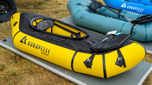 Loveland, CO, USA - August 26, 2023: Kokopelli inflatable packrafts - one- or two-person light raft used for fishing, expedition or adventure racing.