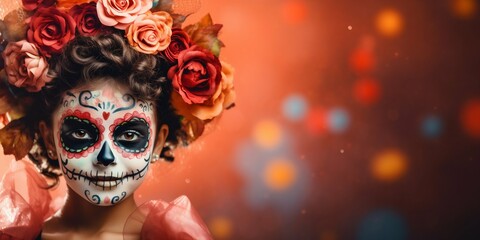 Little Girl with Skull Face Paint and Roses for Day of the Dead. Generative ai