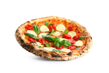 Flying tasty pizza margarita on white background - obrazy, fototapety, plakaty