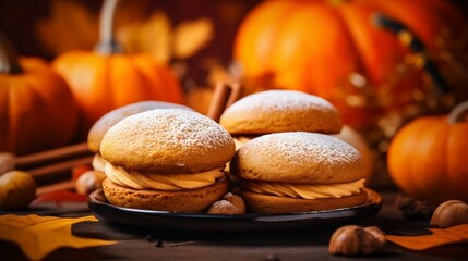 Pumpkin Whoopie Pies: A Fall Season Baking Delight. Generative ai