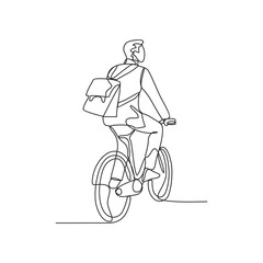 Obraz premium a man uses a bicycle to go to work in continuous line art drawing style. design with Minimalist black linear design isolated on white background. bike to work themes design concept vector illustration