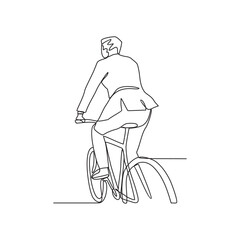 a man uses a bicycle to go to work in continuous line art drawing style. design with Minimalist black linear design isolated on white background. bike to work themes design concept vector illustration