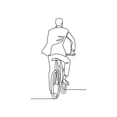 a man uses a bicycle to go to work in continuous line art drawing style. design with Minimalist black linear design isolated on white background. bike to work themes design concept vector illustration