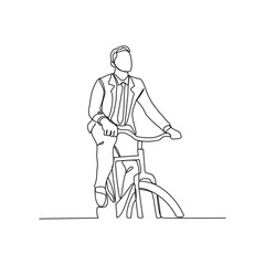 a man uses a bicycle to go to work in continuous line art drawing style. design with Minimalist black linear design isolated on white background. bike to work themes design concept vector illustration