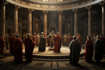Roman senators deliberating in the Senate chamber, illustrating the political life of the Roman Republic. Generative Ai. - obrazy, fototapety, plakaty