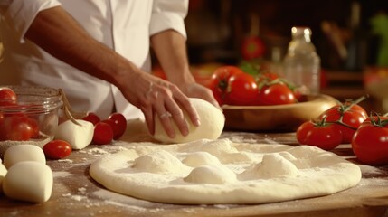 Obraz na płótnie Canvas Closeup of hands preparing a pizza with tomato sauce