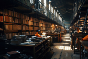 A prison library filled with books and inmates engrossed in reading, promoting education and self-improvement. Concept of prison literacy programs. Generative Ai.