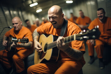 Inmate musicians rehearsing in a prison band, creating melodies within the prison walls. Concept of music therapy in rehabilitation. Generative Ai.