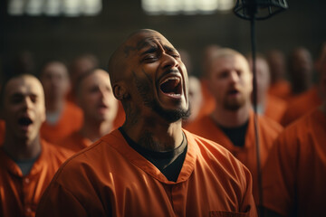 A choir of incarcerated individuals performing songs of hope and resilience within prison walls. Concept of music therapy and emotional release. Generative Ai.