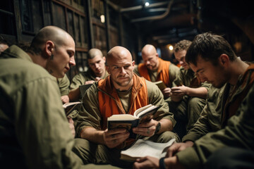 A prison book club, with inmates discussing literature and sharing insights. Concept of...