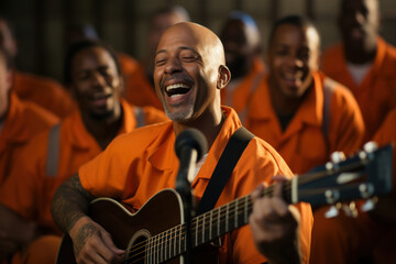 Fototapeta premium A choir of incarcerated individuals performing songs of hope and resilience within prison walls. Concept of music therapy and emotional release. Generative Ai.