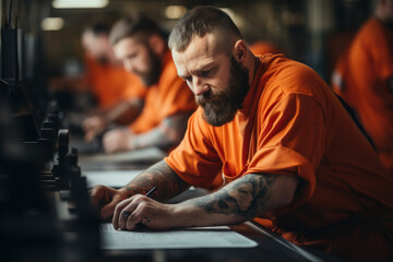 Fototapeta na wymiar Inmates working in a prison print shop, developing printing and design skills. Concept of vocational training. Generative Ai.