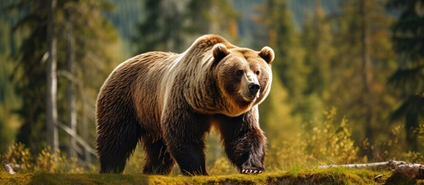 In the vast nature park a majestic grizzly bear roams freely showcasing the splendor of this remarkable mammal that epitomizes the wildness of wildlife and the power of a formidable predato