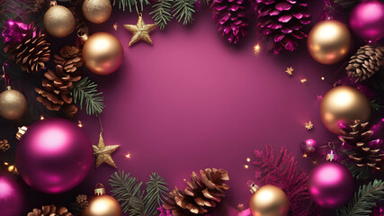 Obraz na płótnie Canvas Pink viva magenta Christmas background with ornaments and decoration with empty place for text. 