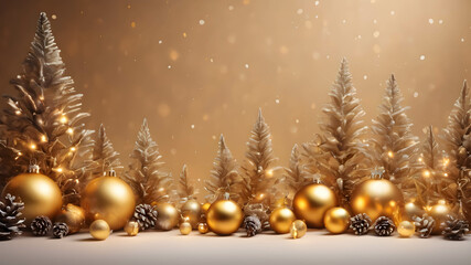 Classical pink Christmas background decoration with ornaments and garland and Christmas tree.