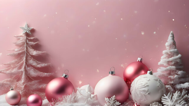 ChristmasClassical pink Christmas background decoration with ornaments and garland and a free space for texts.