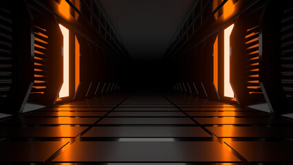 Obraz premium Sci Fi neon glowing lines in a dark tunnel. Reflections on the floor and ceiling. 3d rendering image. Abstract glowing lines. Technology futuristic background.