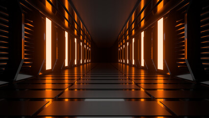 Sci Fi neon glowing lines in a dark tunnel. Reflections on the floor and ceiling. 3d rendering image. Abstract glowing lines. Technology futuristic background.