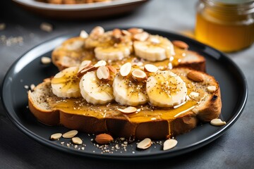 Banana peanutbutter toast topped with chia seed, honey and almonds on a plate. generative AI