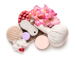 Spa composition with beautiful flowers isolated on white background