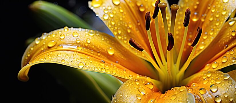 In the vibrant summer garden the macro shot of a yellow floral beauty captures the intricate details of its petals stamen and pistil while the delicate stigma and sepals accentuate the allur