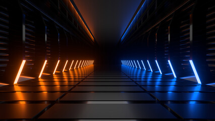 Naklejka premium Sci Fi neon glowing lines in a dark tunnel. Reflections on the floor and ceiling. 3d rendering image. Abstract glowing lines. Technology futuristic background.