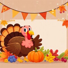 Illustration of a Happy Thanksgiving day Celebration Design with Cartoon Turkey and Autumn Leaves empty space decoration with space for copy created with generative ai