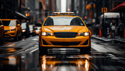 Vibrant new york city street scene with blurred yellow cabs and bustling downtown atmosphere