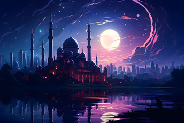 Illustration of a mosque with a high minaret at night, in neon colors,