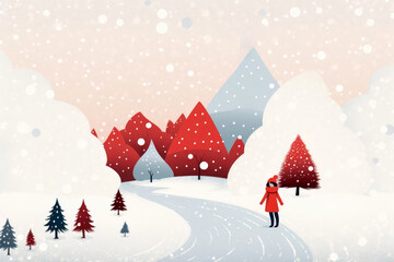 Christmas card with girl in a winter landscape