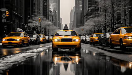 Bustling downtown new york city street with yellow taxis in motion, captured in 16k super quality - obrazy, fototapety, plakaty