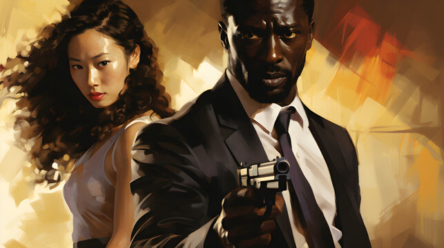 An artwork depicting an African American man holding a gun alongside a Korean woman, reminiscent of a 1970s spy film movie poster.