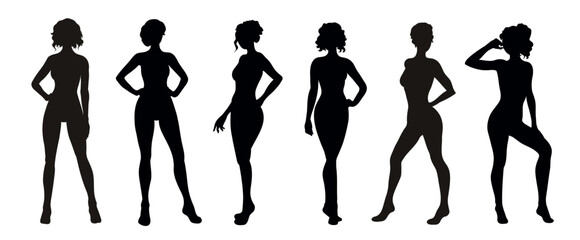 Black Silhouettes in full length of a slender naked female body. Vector illustration set